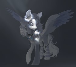 Size: 2449x2160 | Tagged: safe, artist:yanisfucker, oc, oc only, pegasus, pony, abstract background, bell, bell collar, blank flank, clothes, coat markings, collar, crepuscular rays, dappled, female, mare, shadow, socks, solo, spread wings, striped socks, white hair, wings