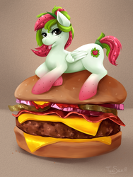 Size: 1200x1600 | Tagged: safe, artist:vidersan, oc, oc only, oc:watermelana, pony, burger, food, freckles, gradient hooves, looking at you, meat, solo, tongue out