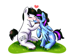 Size: 1400x1050 | Tagged: safe, artist:sugar morning, oc, oc only, oc:glacier wind, oc:swing rhythm, earth pony, pegasus, pony, commission, couple, cute, eyes closed, gay, grass, hat, heart, kissing, love, male, oc x oc, shipping, simple background, stallion, transparent background