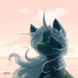 Size: 2952x2952 | Tagged: safe, artist:domidelance, oc, oc only, pony, unicorn, bust, cloud, curved horn, evening, eyes closed, female, flower, flower in hair, high res, horn, mare, ocean, sky, solo, wind, windswept mane