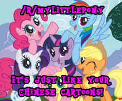 Size: 300x250 | Tagged: safe, applejack, fluttershy, pinkie pie, rainbow dash, rarity, twilight sparkle, g4, /r/mylittlepony, advertisement, chinese cartoons, mane six, mane six opening poses, meme, reddit, stock vector, text