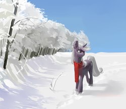 Size: 2492x2160 | Tagged: safe, artist:yanisfucker, oc, oc only, pony, unicorn, clothes, cutie mark, forest, high res, scarf, scenery, sky, smiling, snow, solo, walking, winter