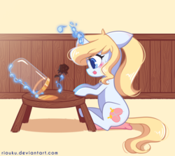 Size: 1024x913 | Tagged: safe, artist:riouku, oc, oc only, oc:crystal summer, pony, unicorn, age spell, colored pupils, female, floppy ears, flower, indoors, magic, mare, sitting, solo, table, telekinesis, tongue out