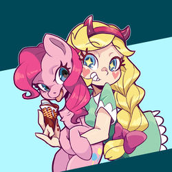 Size: 2700x2700 | Tagged: safe, artist:馬文, pinkie pie, earth pony, pony, g4, clothes, crossover, duo, female, food, high res, ice cream, ice cream cone, mare, skirt, sparkly eyes, star butterfly, star vs the forces of evil, wingding eyes, xk-class end-of-the-world scenario