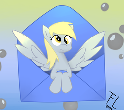 Size: 941x841 | Tagged: safe, artist:flylash1, derpy hooves, pegasus, pony, g4, bust, envelope, female, letter, mare, micro, solo, spread wings, wings