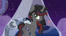 Size: 1064x584 | Tagged: safe, artist:theponygaming, oc, oc only, oc:midnight moon (theponygaming), alicorn, pony, base used, bed, bedroom eyes, curved horn, female, floating heart, heart, horn, mare, night, offspring, parent:king sombra, parent:princess luna, parents:lumbra, sky, solo