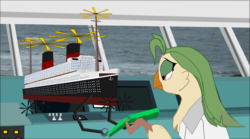 Size: 3410x1902 | Tagged: safe, artist:oceanrailroader, captain celaeno, g4, my little pony: the movie, amputee, broken, female, peg leg, prosthetic leg, prosthetic limb, prosthetics, rms queen elizabeth, ship, solo, story in the source