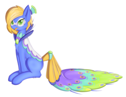 Size: 1024x786 | Tagged: safe, artist:cha-squared, oc, oc only, oc:precious feather, bird, original species, peacock, female, mare, simple background, sitting, solo, transparent background