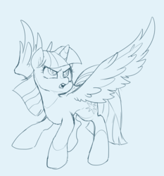 Size: 1600x1720 | Tagged: safe, artist:potetecyu_to, twilight sparkle, alicorn, pony, g4, female, frown, glare, mare, monochrome, open mouth, raised hoof, simple background, sketch, solo, spread wings, twilight sparkle (alicorn), white background, wings