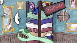 Size: 1280x720 | Tagged: safe, artist:urbanqhoul, discord, starlight glimmer, alicorn, pony, unicorn, g4, alicornified, bed, clothes, dream, dress, pinkie tales, race swap, starlicorn, the princess on the pea