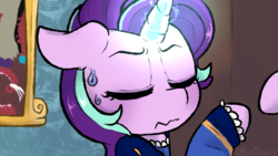 Size: 1280x720 | Tagged: safe, artist:urbanqhoul, starlight glimmer, pony, unicorn, g4, clothes, dream, dress, eyes closed, female, glowing horn, horn, pinkie tales, solo, sweat