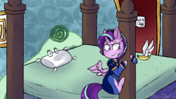 Size: 1280x720 | Tagged: safe, artist:urbanqhoul, starlight glimmer, alicorn, pony, g4, alicornified, bed, clothes, dream, dress, female, hanging, pillow, pinkie tales, race swap, solo, starlicorn