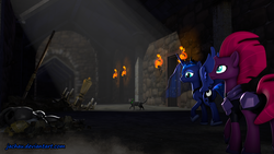Size: 1920x1080 | Tagged: safe, artist:jachau, princess luna, tempest shadow, alicorn, cat, pony, unicorn, g4, my little pony: the movie, 3d, ancient, armor, broken horn, castle, castle of the royal pony sisters, female, hall, horn, light, mane, mare, moonlight, night, ruin, source filmmaker, tail, walking, wings