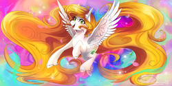 Size: 3464x1732 | Tagged: safe, artist:wilvarin-liadon, oc, oc only, oc:dandelion blossom, pony, female, flying, mare, smiling, solo, spread wings, wings