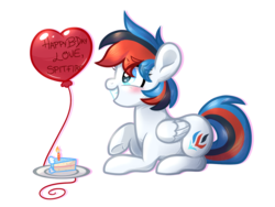 Size: 1200x900 | Tagged: safe, artist:arxielle, oc, oc only, oc:retro city, pegasus, pony, balloon, cake, female, food, heart balloon, mare, prone, simple background, solo, transparent background