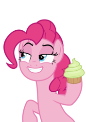 Size: 3000x4243 | Tagged: safe, artist:sollace, pinkie pie, earth pony, pony, g4, school daze, .svg available, cake, eyebrows, female, food, raised hoof, shifty eyes, show accurate, simple background, smiling, solo, transparent background, vector