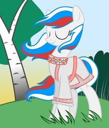 Size: 518x604 | Tagged: safe, artist:pony-paint, oc, oc only, oc:marussia, earth pony, pony, birch tree, clothes, eyes closed, female, kimono (clothing), mare, nation ponies, ponified, russia, show accurate, smiling, solo, tree, windswept mane