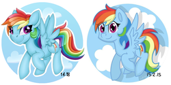 Size: 4000x2000 | Tagged: safe, artist:partypievt, rainbow dash, pegasus, pony, g4, comparison, female, flying, heart eyes, high res, looking away, redraw, reversed colors, simple background, solo, starry eyes, sticker, wingding eyes