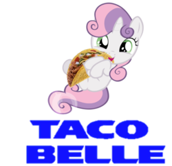 Size: 622x599 | Tagged: safe, artist:catkaiser, sweetie belle, pony, unicorn, g4, cute, diasweetes, female, filly, food, hug, on back, open mouth, pun, simple background, smiling, solo, taco, taco bell, taco belle, text, transparent background, uncyclopedia, visual pun