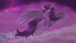 Size: 2400x1350 | Tagged: safe, artist:ruby dusk, twilight sparkle, alicorn, pegasus, pony, g4, angry, cloud, female, flying, gritted teeth, magic, sky, solo, twilight sparkle (alicorn)