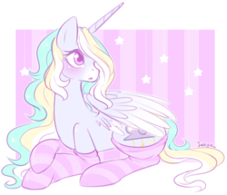 Size: 1024x881 | Tagged: safe, artist:jadeyhooves, oc, oc only, oc:twinkle dream, alicorn, pony, abstract background, alicorn oc, blushing, clothes, colored wings, female, gradient wings, looking back, mare, open mouth, prone, socks, solo, spread wings, striped socks, thigh highs, wings