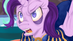 Size: 1024x576 | Tagged: safe, artist:laps-sp, starlight glimmer, pony, g4, angry, bags under eyes, bloodshot eyes, clothes, dress, female, pinkie tales, solo