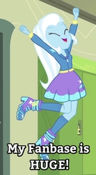 Size: 468x848 | Tagged: safe, edit, edited screencap, screencap, trixie, equestria girls, equestria girls specials, g4, my little pony equestria girls: better together, my little pony equestria girls: forgotten friendship, boots, clothes, cute, female, hands up, high heel boots, hoodie, image macro, jumping, lockers, meme, shoes, skirt, socks, solo