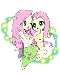 Size: 1792x2233 | Tagged: safe, artist:mituuuuya, fluttershy, human, pegasus, pony, equestria girls, g4, anime, anime style, boots, clothes, cute, daaaaaaaaaaaw, duo, female, hairpin, human ponidox, mare, moe, one eye closed, open mouth, self ponidox, shirt, shoes, shyabetes, simple background, skirt, style emulation, weapons-grade cute, wink