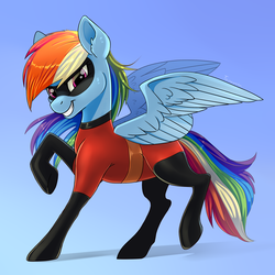 Size: 2112x2110 | Tagged: safe, artist:taneysha, rainbow dash, pegasus, pony, g4, clothes, cosplay, costume, crossover, dash parr, disney, female, high res, mare, namesake, pixar, pun, raised hoof, simple background, solo, superhero costume, the incredibles, wings