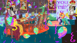 Size: 1024x576 | Tagged: safe, artist:laps-sp, crackle, discord, starlight glimmer, sunset shimmer, pony, g4, balloon, clothes, confetti, dress, pinkie tales, sign