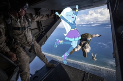 Size: 1920x1278 | Tagged: safe, edit, trixie, equestria girls, equestria girls specials, g4, my little pony equestria girls: better together, my little pony equestria girls: forgotten friendship, clothes, cloud, irl, jumping, military, military uniform, parachuting, photo, plane, shirt, shoes, socks