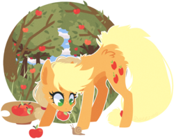 Size: 1095x876 | Tagged: safe, artist:tay-niko-yanuciq, applejack, earth pony, pony, snail, g4, apple, apple tree, applejack's hat, cowboy hat, female, fluffy, food, hat, mare, mouth hold, simple background, solo, transparent background, tree