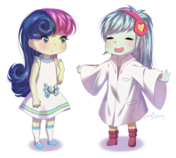 Size: 2000x1800 | Tagged: safe, artist:pyonsangsang, bon bon, lyra heartstrings, sweetie drops, equestria girls, g4, clothes, cute, dress, eyes closed, female, happy, lesbian, lyrabetes, open mouth, sandals, ship:lyrabon, shipping, smiling, white coat