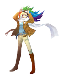 Size: 1944x2392 | Tagged: safe, artist:nagai13, rainbow dash, human, g4, bomber jacket, boots, clothes, female, goggles, humanized, jacket, scarf, shoes, simple background, solo, white background