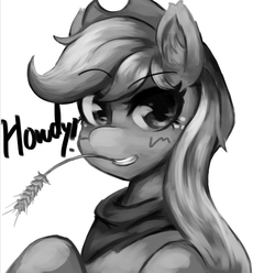 Size: 801x793 | Tagged: safe, alternate version, artist:kunshomo, applejack, earth pony, pony, g4, applejack's hat, cowboy hat, female, hat, looking at you, mare, monochrome, simple background, straw in mouth, white background