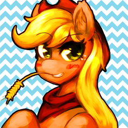 Size: 1200x1200 | Tagged: safe, alternate version, artist:kunshomo, applejack, earth pony, pony, g4, applejack's hat, cowboy hat, female, hat, looking at you, mare, solo, straw in mouth