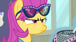 Size: 840x470 | Tagged: safe, screencap, pursey pink, rarity, pony, fake it 'til you make it, g4, animated, eye, eyes, female, gif, squint
