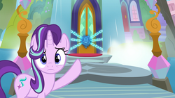 Size: 1920x1080 | Tagged: safe, screencap, starlight glimmer, pony, g4, school daze, bridge, eea seal, female, looking at you, pointing, school of friendship, solo, waterfall