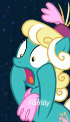 Size: 509x884 | Tagged: safe, screencap, honey curls, mare e. lynn, earth pony, pony, fake it 'til you make it, g4, background pony, cropped, discovery family logo, female, mare, screaming, solo
