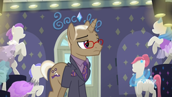 Size: 1920x1080 | Tagged: safe, screencap, bracer britches, pony, unicorn, fake it 'til you make it, g4, business suit, clothes, glasses, male, mannequin, necktie, pocket square, ponyquin, rarity for you, solo, stallion, suit, tim gunn