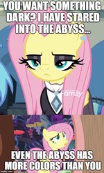 Size: 468x781 | Tagged: safe, edit, edited screencap, screencap, fluttershy, pegasus, pony, discordant harmony, fake it 'til you make it, burn, discovery family logo, eyeshadow, female, fluttergoth, fluttershy's abyss, makeup, mare