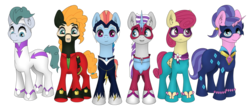 Size: 1024x448 | Tagged: safe, artist:zeronitroman, cloudy quartz, cookie crumbles, fili-second, mistress marevelous, pear butter, posey shy, radiance, saddle rager, twilight velvet, windy whistles, zapp, g4, clothes, cosplay, costume, dressed up, masked matter-horn costume, milf six, mom six, power ponies, simple background, transparent background