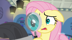 Size: 1366x768 | Tagged: safe, screencap, fluttershy, pony, fake it 'til you make it, g4, female, magnifying glass, mare, solo