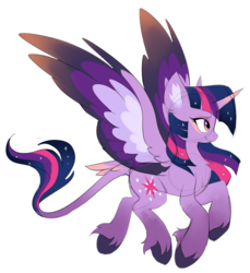 Size: 911x994 | Tagged: dead source, safe, artist:hioshiru, twilight sparkle, alicorn, pony, alternate design, chest fluff, colored hooves, colored wings, ear fluff, female, flying, gradient hooves, gradient horn, leonine tail, looking forward, mare, multicolored wings, redesign, side view, simple background, slim, smiling, solo, spread wings, tail feathers, twilight sparkle (alicorn), unshorn fetlocks, white background, wings