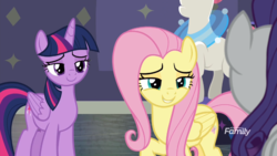 Size: 1920x1080 | Tagged: safe, screencap, fluttershy, rarity, twilight sparkle, alicorn, pony, fake it 'til you make it, g4, season 8, bedroom eyes, lidded eyes, smiling, twilight sparkle (alicorn)