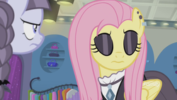 Size: 1920x1080 | Tagged: safe, screencap, fluttershy, inky rose, pegasus, pony, fake it 'til you make it, ear piercing, earring, eyes closed, eyeshadow, fluttergoth, goth, jewelry, makeup, piercing, solo focus