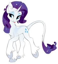 Size: 784x852 | Tagged: dead source, safe, artist:hioshiru, rarity, classical unicorn, pony, unicorn, g4, alternate design, colored hooves, ear fluff, female, horn, leonine tail, long legs, mare, raised hoof, raised leg, redesign, simple background, slender, smiling, solo, thin, tongue out, unshorn fetlocks, white background