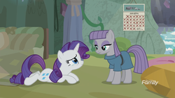 Size: 1920x1080 | Tagged: safe, screencap, maud pie, rarity, earth pony, pony, unicorn, fake it 'til you make it, g4, calendar, duo, lying down, maud's cave, prone, rock, sploot, teary eyes, written equestrian