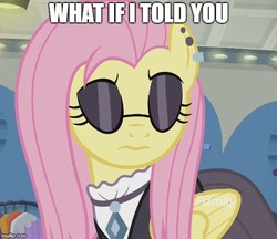 Size: 577x499 | Tagged: safe, edit, edited screencap, screencap, fluttershy, pony, fake it 'til you make it, g4, cropped, female, fluttergoth, meme, morpheus, solo, the matrix, what if i told you