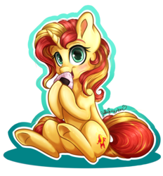 Size: 3948x4260 | Tagged: safe, artist:emberslament, artist:gaelledragons, color edit, edit, sunset shimmer, pony, unicorn, g4, collaboration, colored, cute, eating, female, food, jelly filled donut, mare, onigiri, shimmerbetes, simple background, sitting, solo, speedpaint available, transparent background